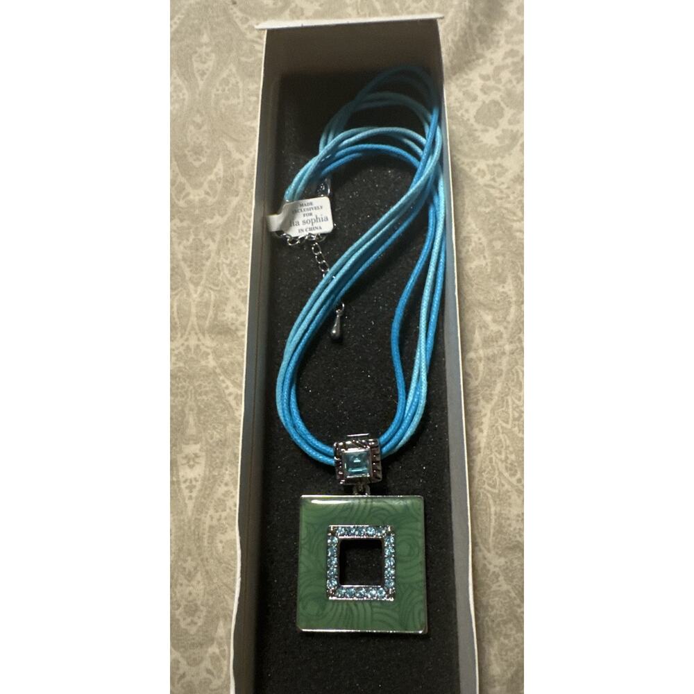 Lia Sophia Bright Blue Cord Necklace With Square Rhinestone Pendant